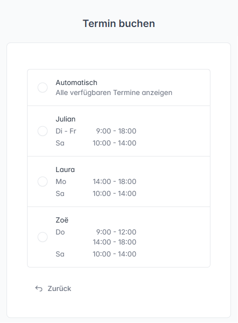 Online Terminbuchung Buchungsseite Ressource Wählen