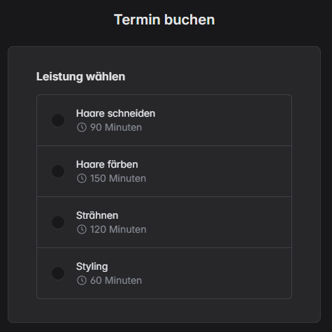 Online Terminbuchung Buchungsseite Schritt 1 Leistung Wählen