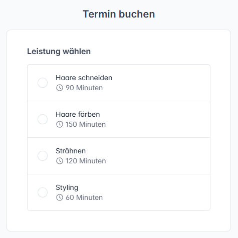 Online Terminbuchung Buchungsseite Schritt 1 Leistung Wählen