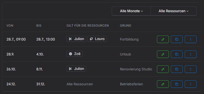 Online Terminplaner Abwesenheiten