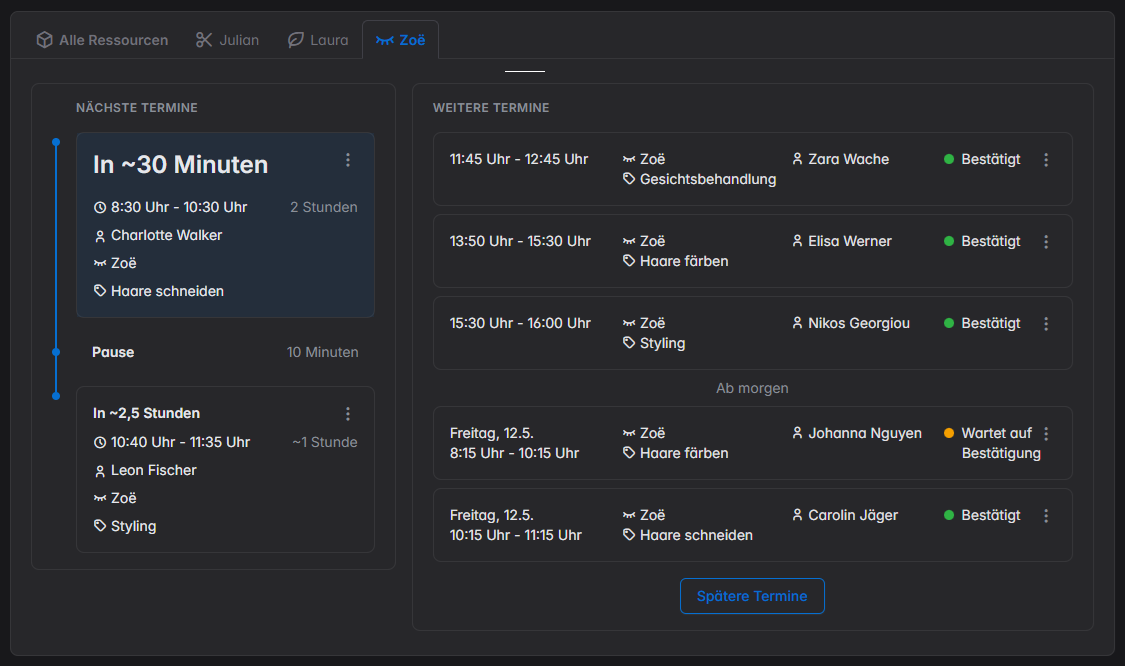 Online Terminplaner Dashboard Vormittag
