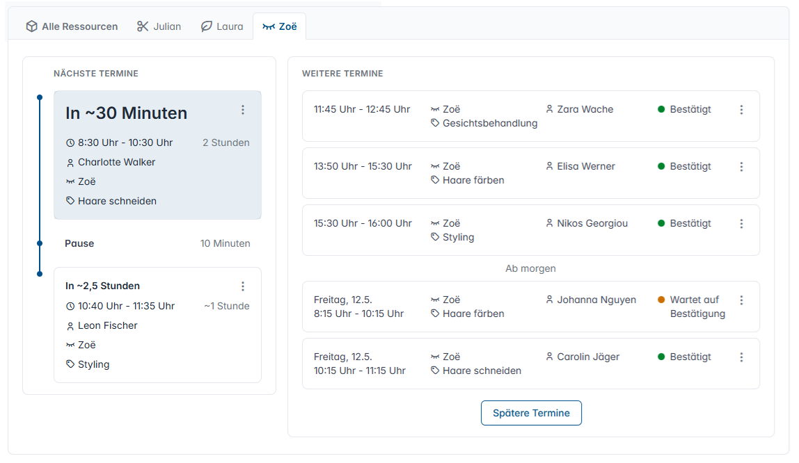 Online Terminplaner Dashboard Vormittag
