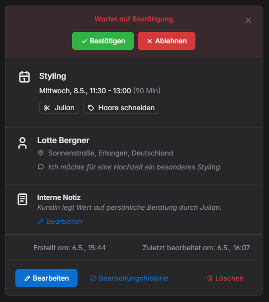 Online Terminplaner Termin Details Offene Anfrage