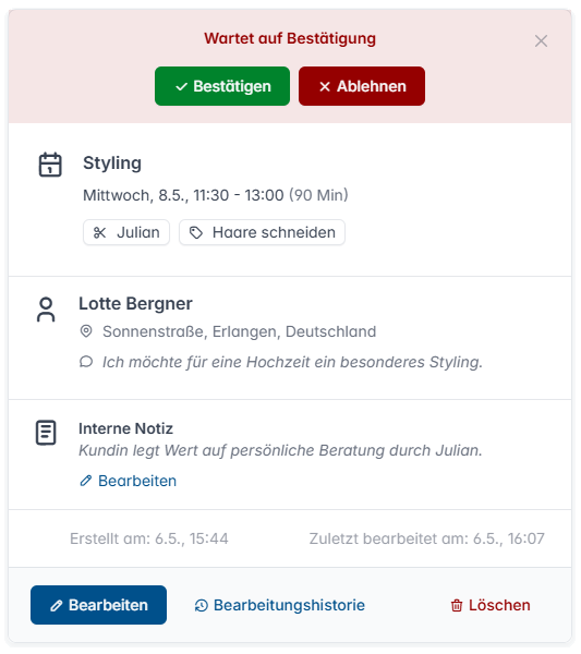 Online Terminplaner Termin Details Offene Anfrage